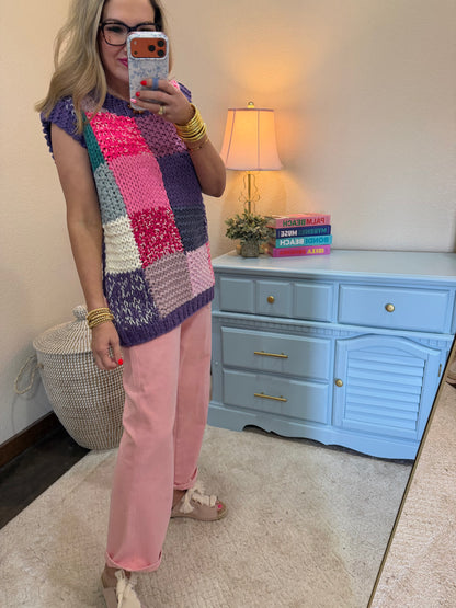 Pink Multi Patch Design Hand Knit Vest