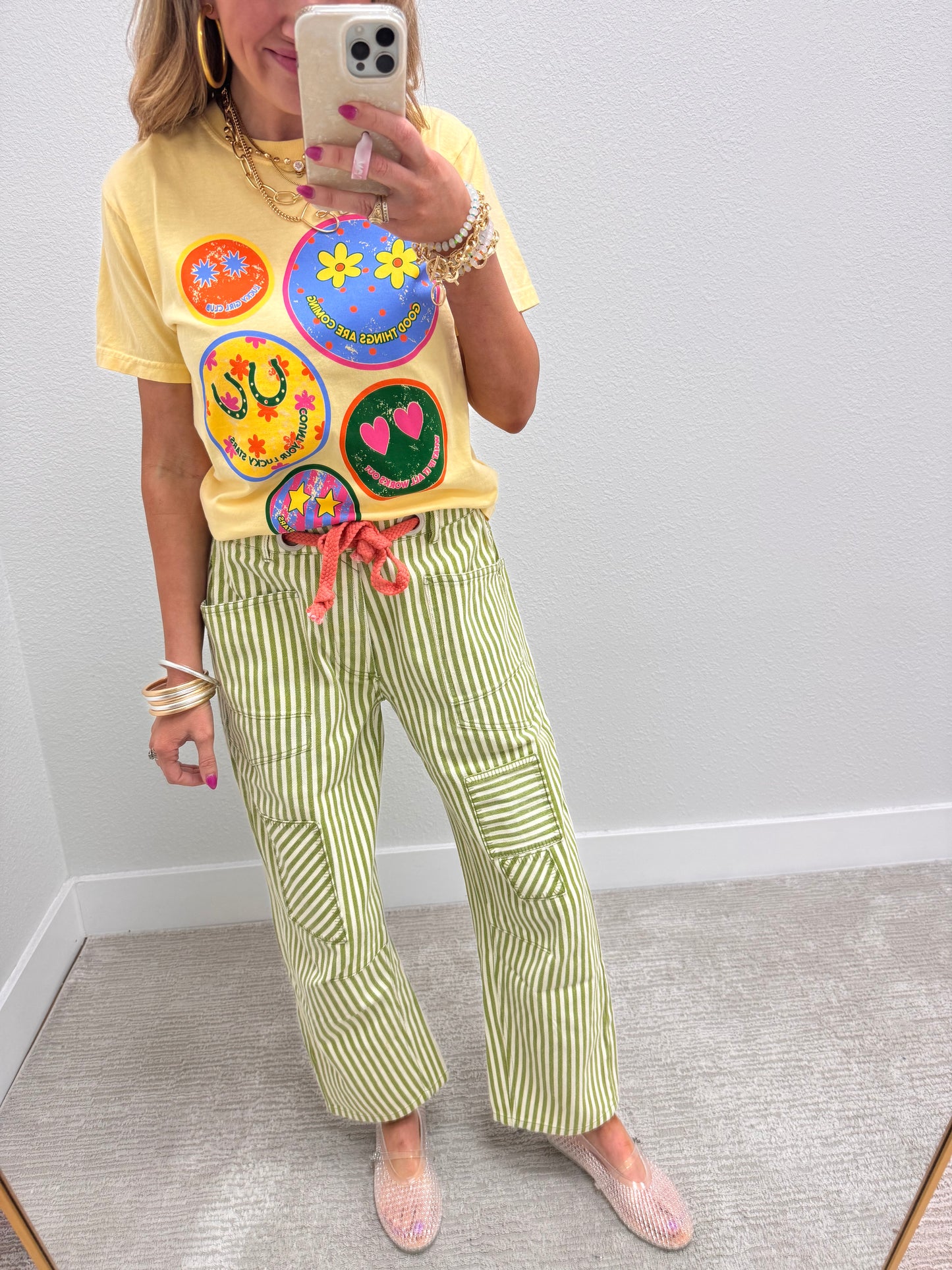 Lime Striped Twill Barrel Pants