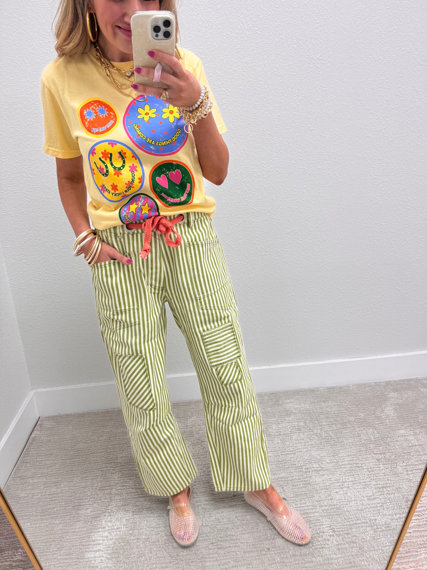 Lime Striped Twill Barrel Pants