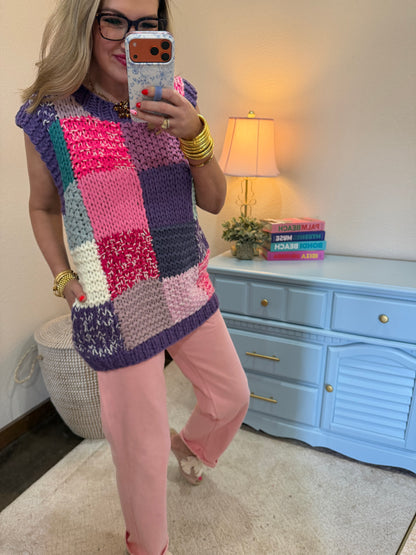 Pink Multi Patch Design Hand Knit Vest
