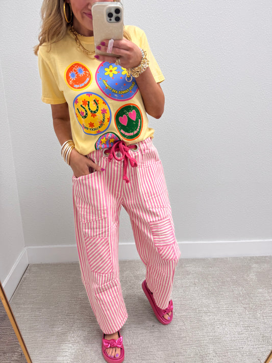 Pink Striped Twill Barrel Pants