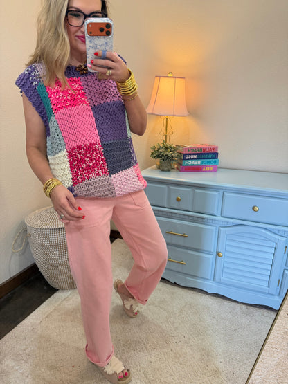 Pink Multi Patch Design Hand Knit Vest