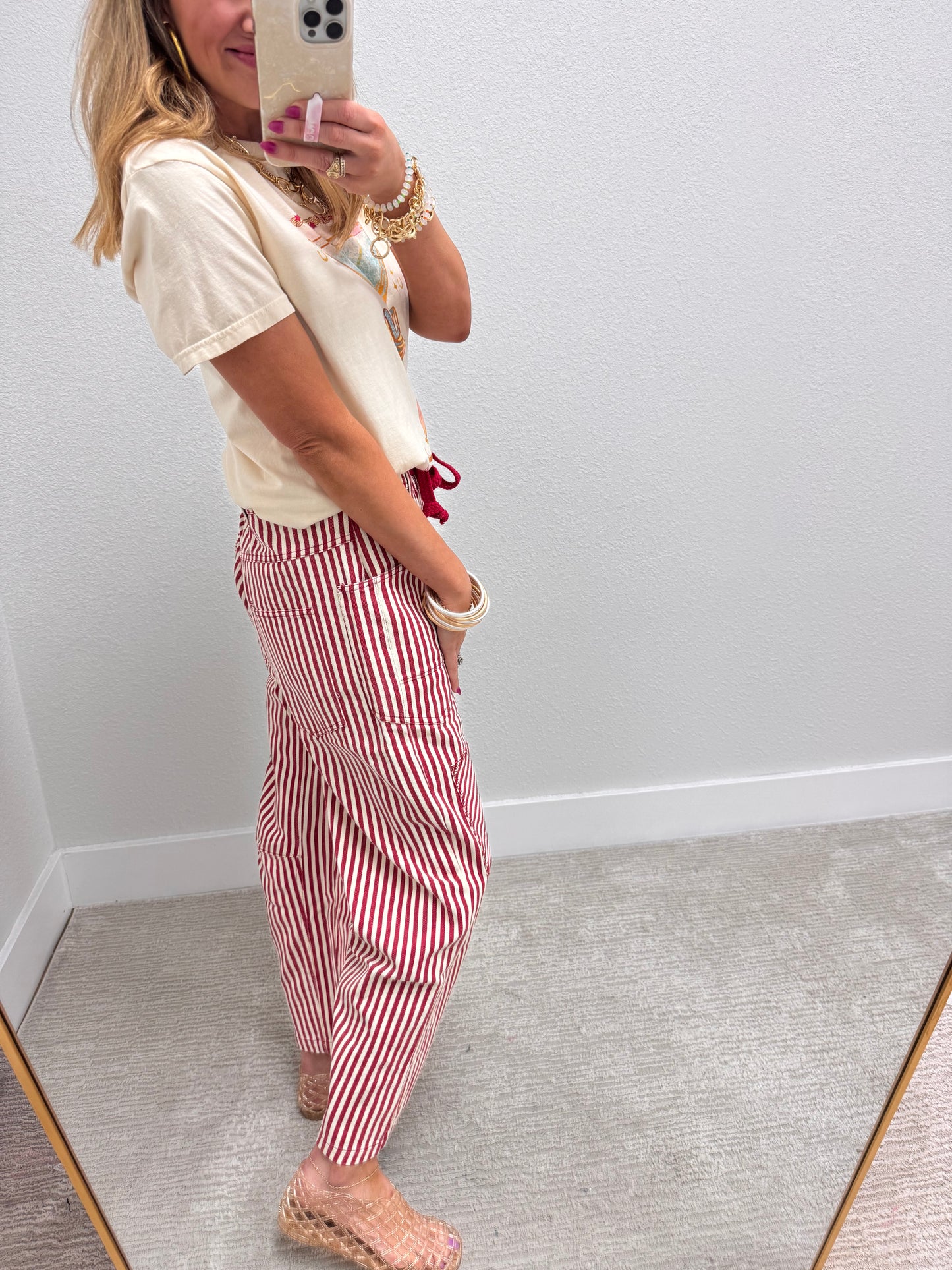 Red Striped Twill Barrel Pants