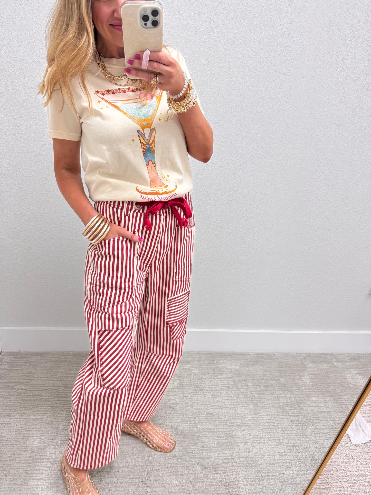 Red Striped Twill Barrel Pants
