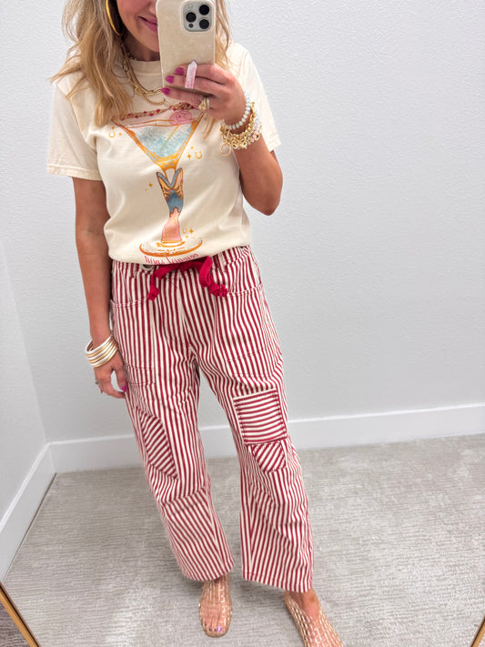 Red Striped Twill Barrel Pants