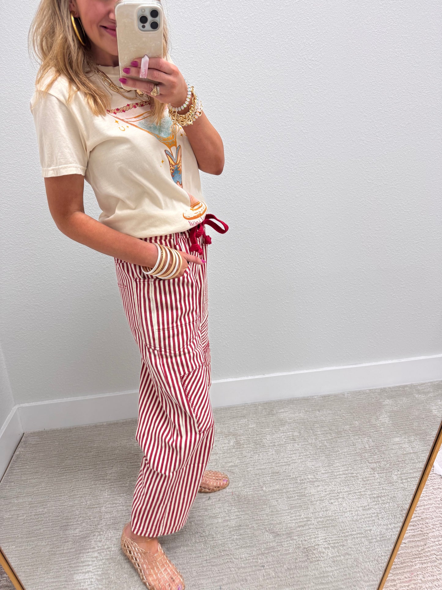 Red Striped Twill Barrel Pants