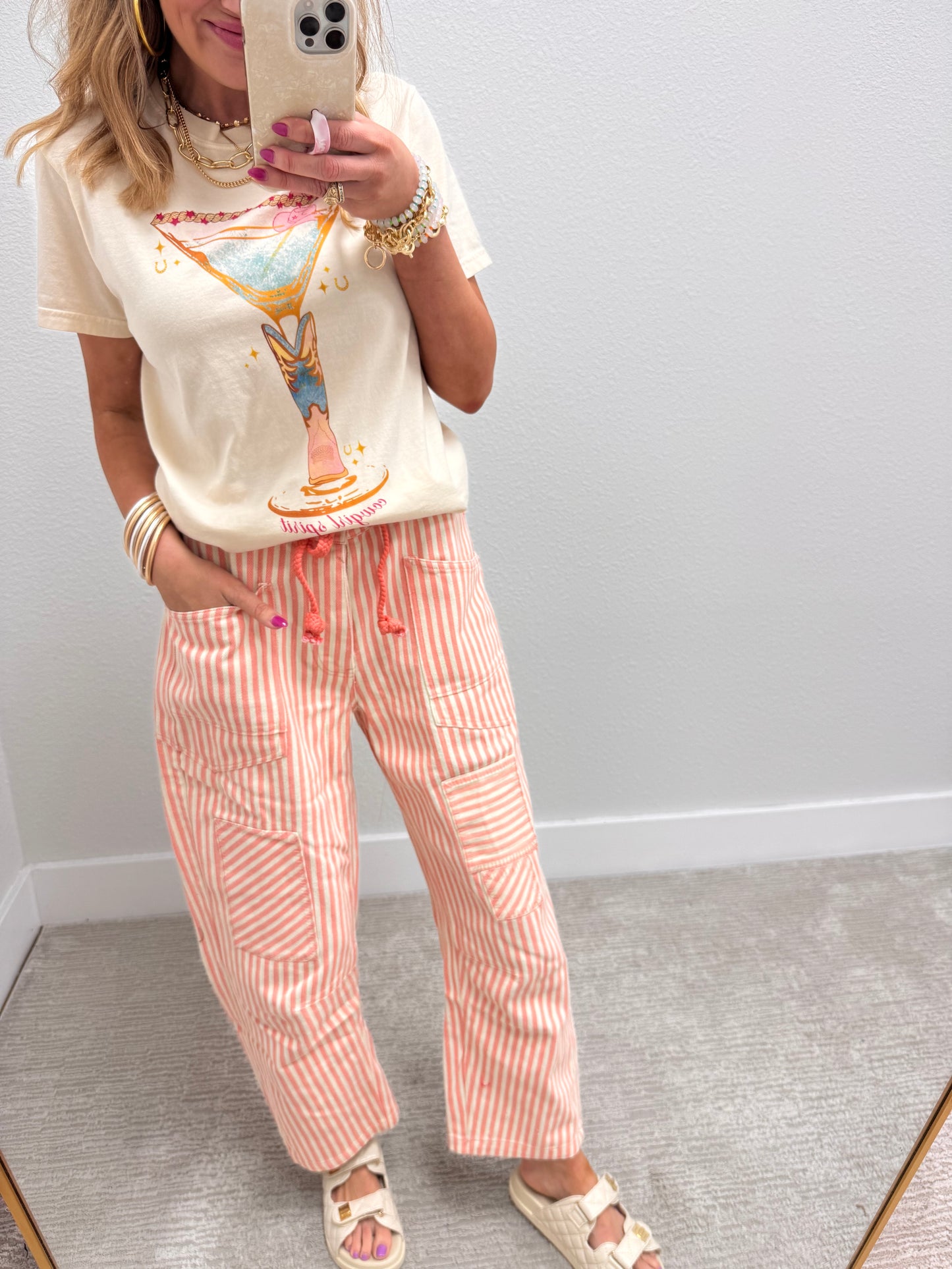 Coral Peach Striped Twill Barrel Pants