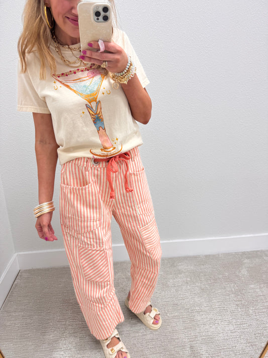 Coral Peach Striped Twill Barrel Pants