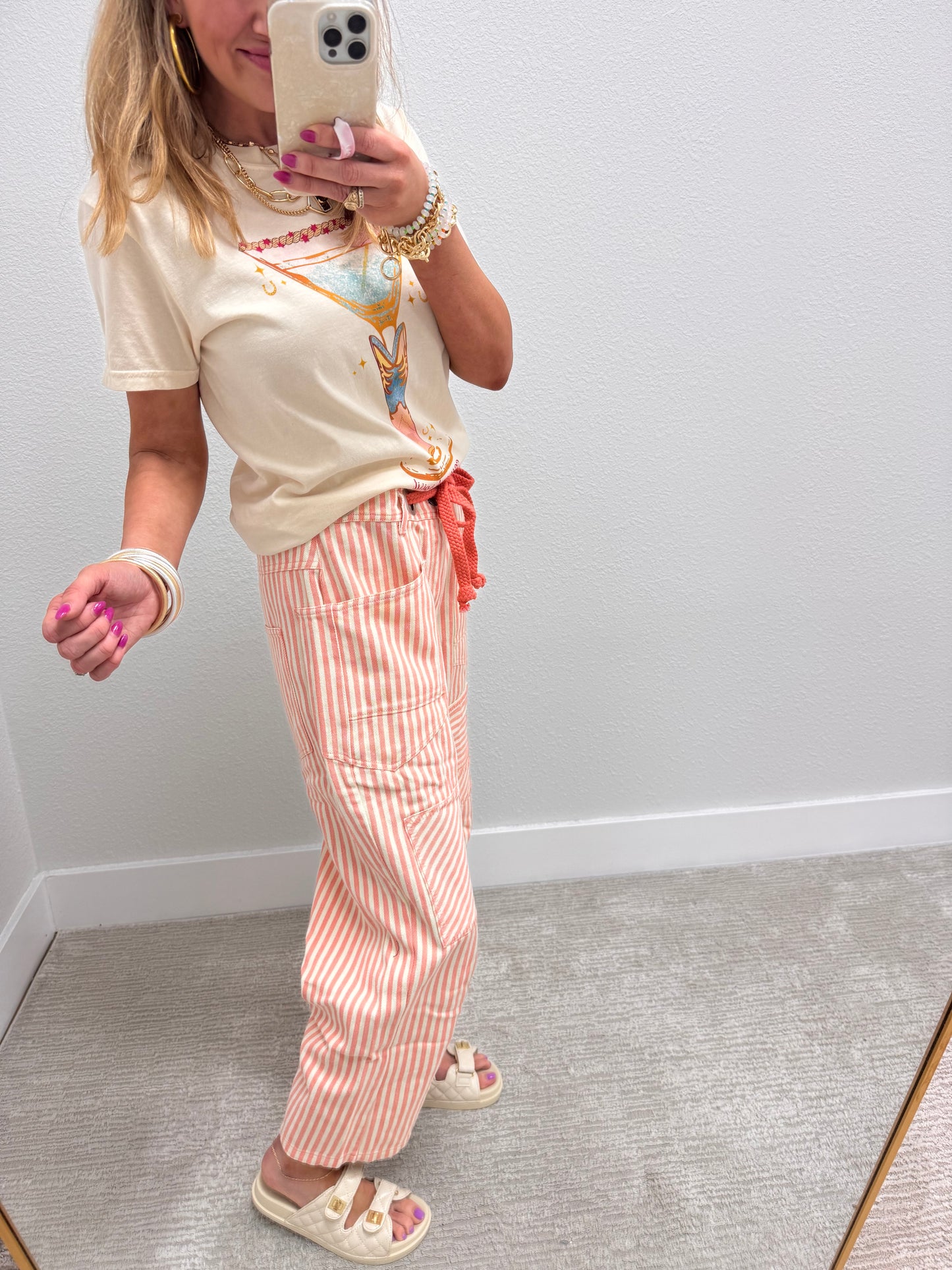 Coral Peach Striped Twill Barrel Pants