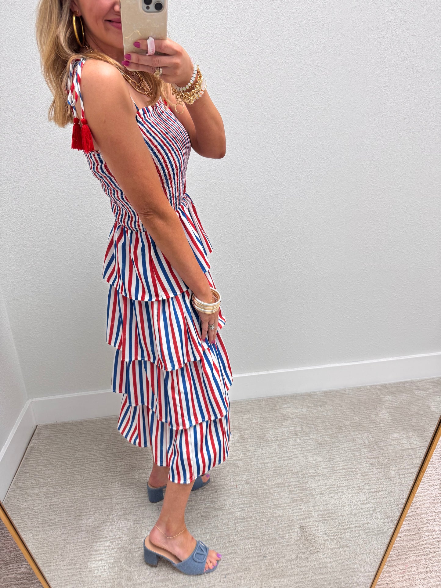 Red White and Blue Striped Tiered Dress