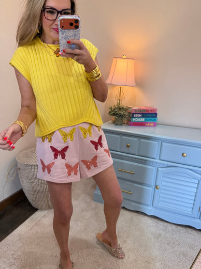 Yellow Ribbed Cap Sleeve Asymmetrical Sweater Top