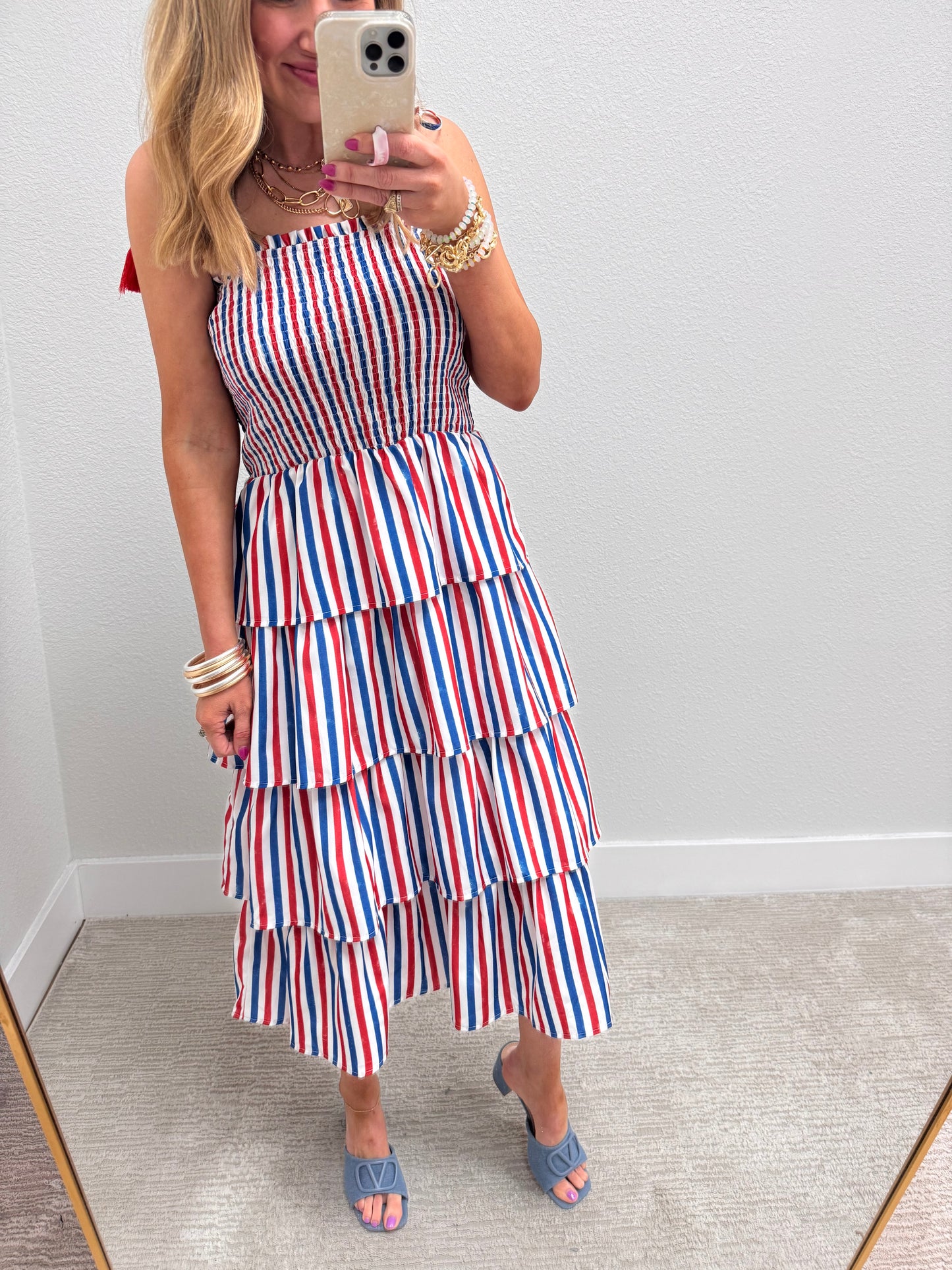 Red White and Blue Striped Tiered Dress