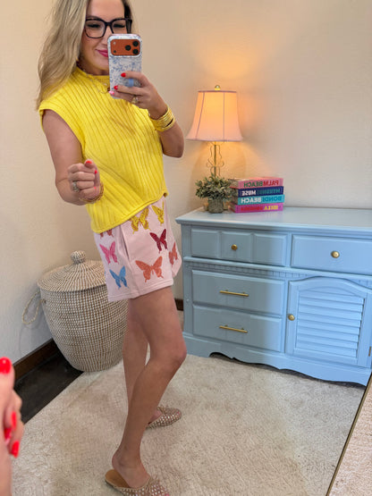 Yellow Ribbed Cap Sleeve Asymmetrical Sweater Top