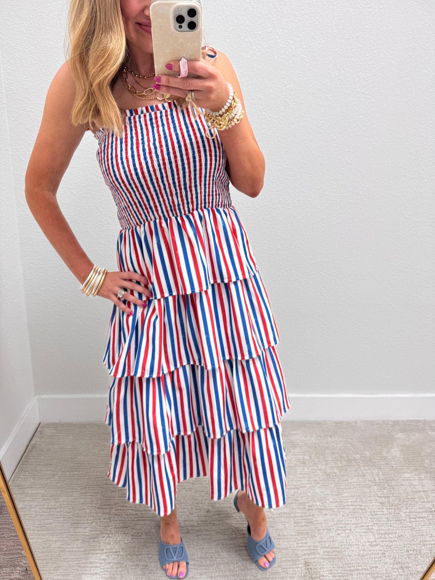 Red White and Blue Striped Tiered Dress