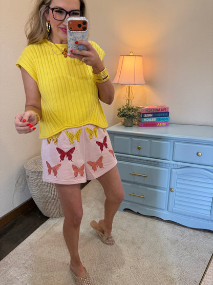 Yellow Ribbed Cap Sleeve Asymmetrical Sweater Top