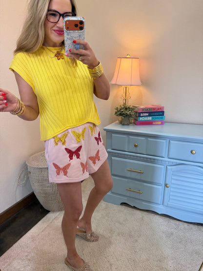 Yellow Ribbed Cap Sleeve Asymmetrical Sweater Top