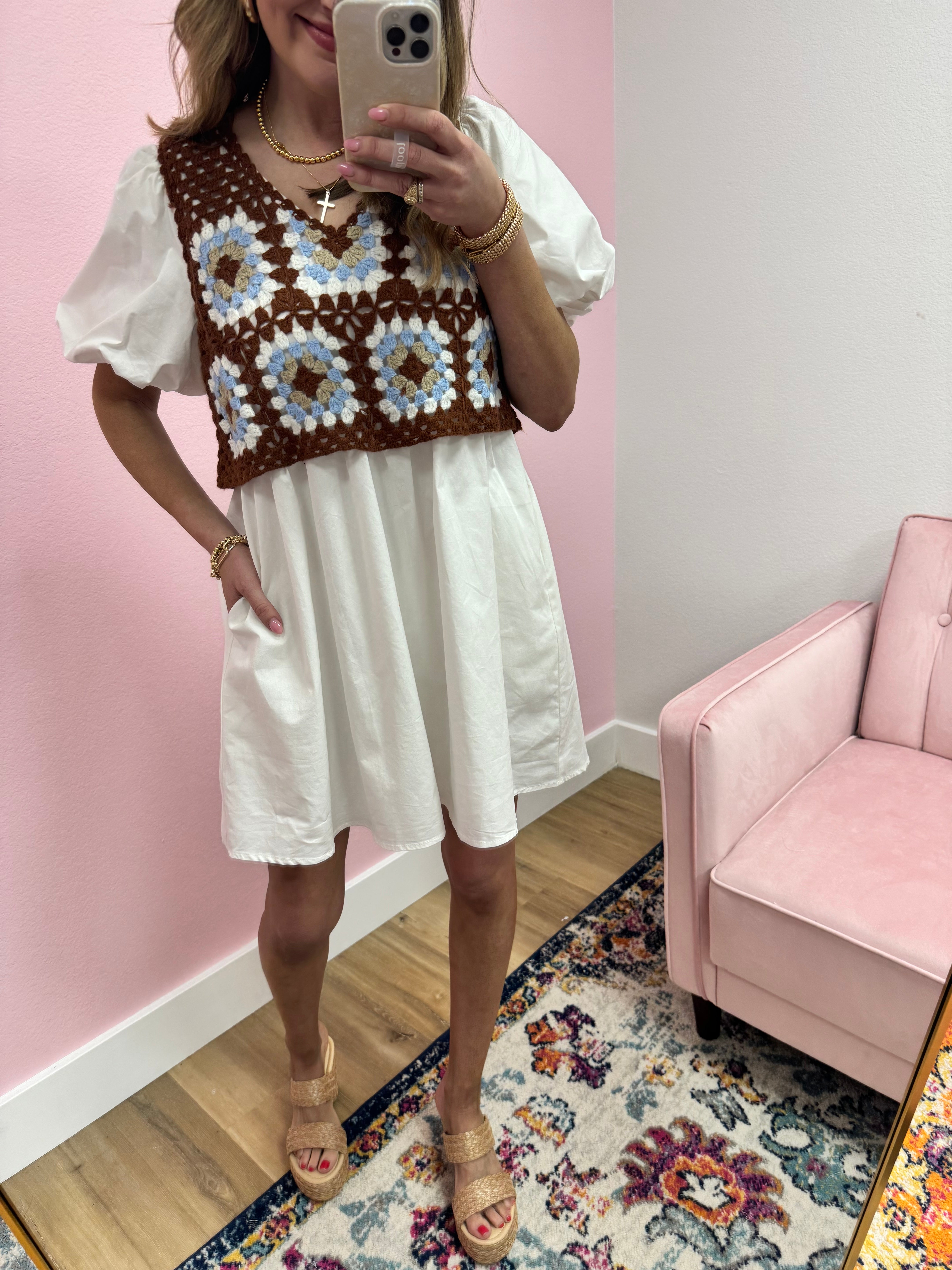 White Dress with Brown Crochet Vest