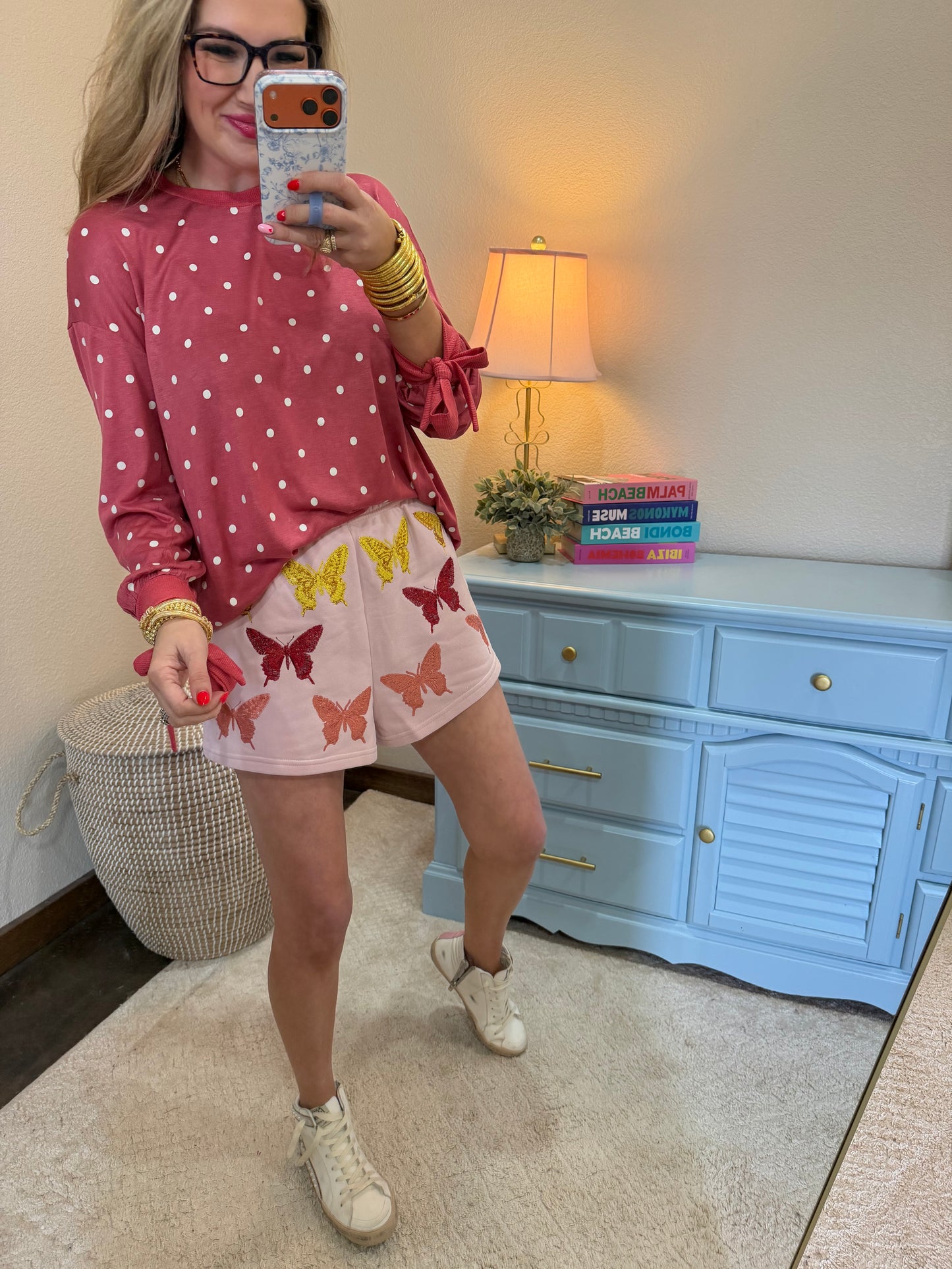 Berry Polka Dot Printed Long Sleeve Tee with Tie Cuffs