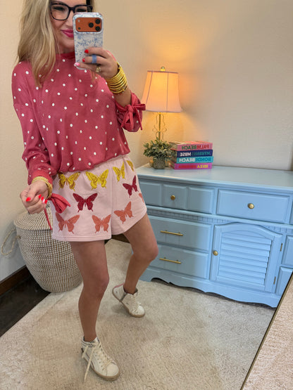 Berry Polka Dot Printed Long Sleeve Tee with Tie Cuffs