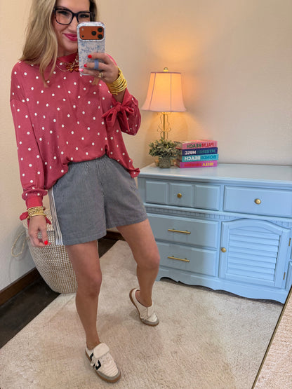 Berry Polka Dot Printed Long Sleeve Tee with Tie Cuffs