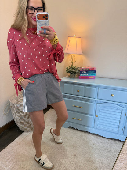 Berry Polka Dot Printed Long Sleeve Tee with Tie Cuffs