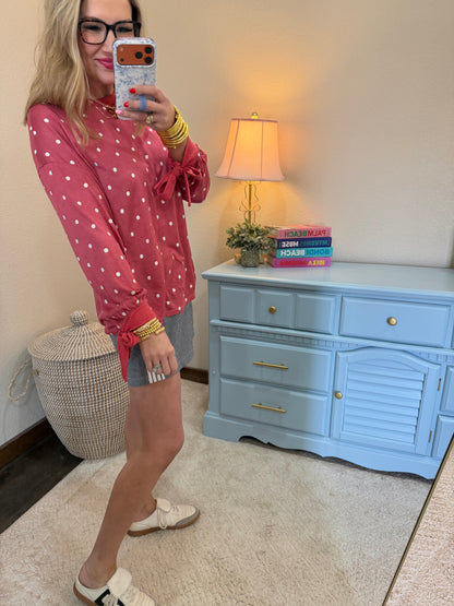 Berry Polka Dot Printed Long Sleeve Tee with Tie Cuffs