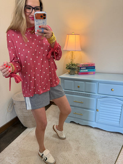 Berry Polka Dot Printed Long Sleeve Tee with Tie Cuffs