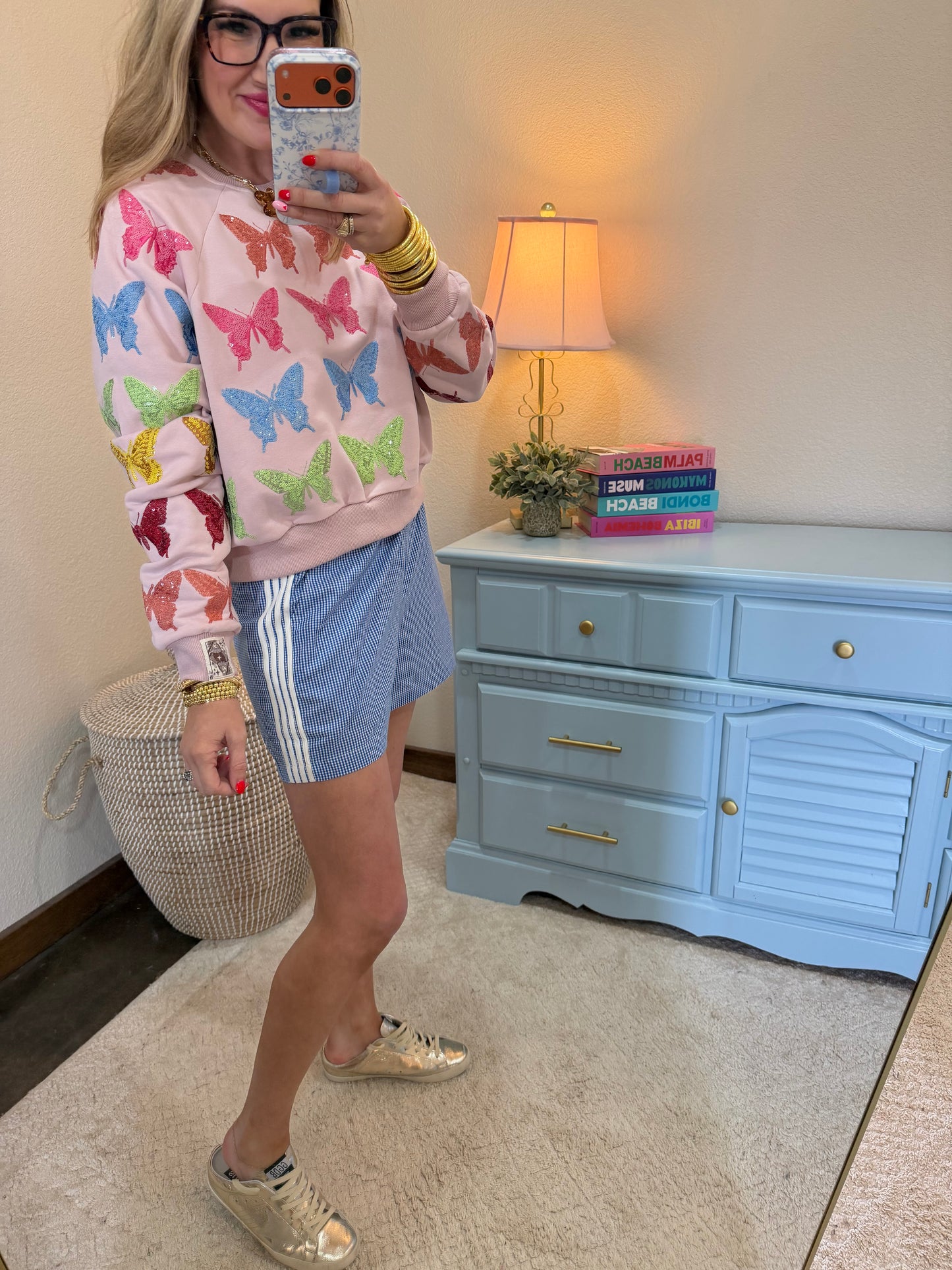 Blue Checkered Side Stripe Shorts