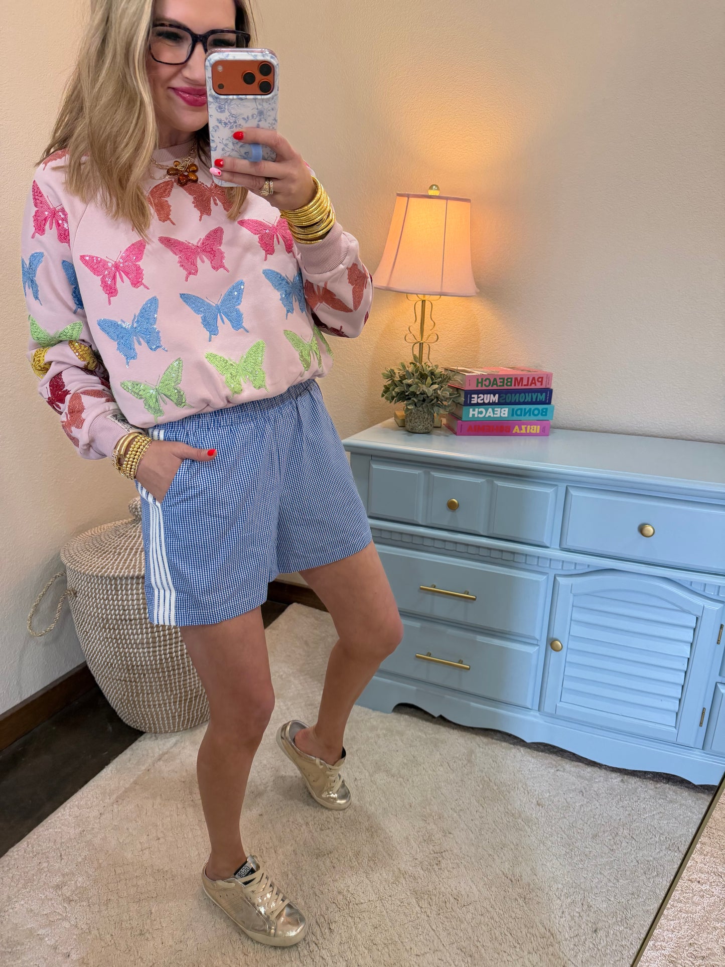 Blue Checkered Side Stripe Shorts