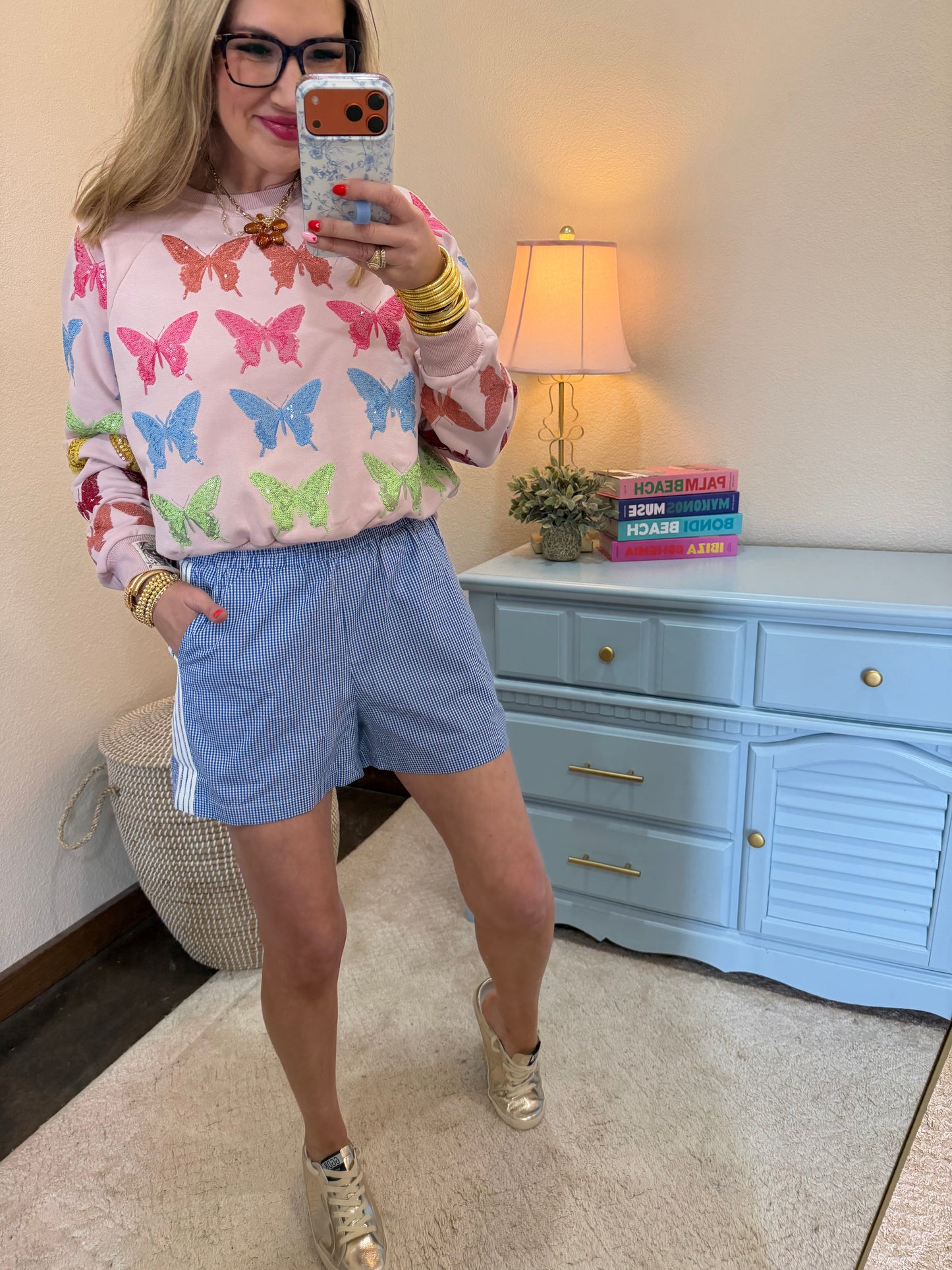 Blue Checkered Side Stripe Shorts