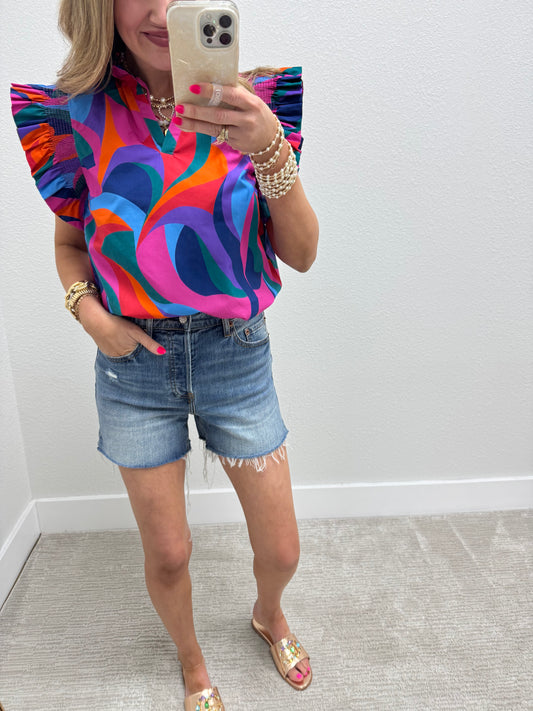 Blue and Color Geometric Print Ruffle Shirt