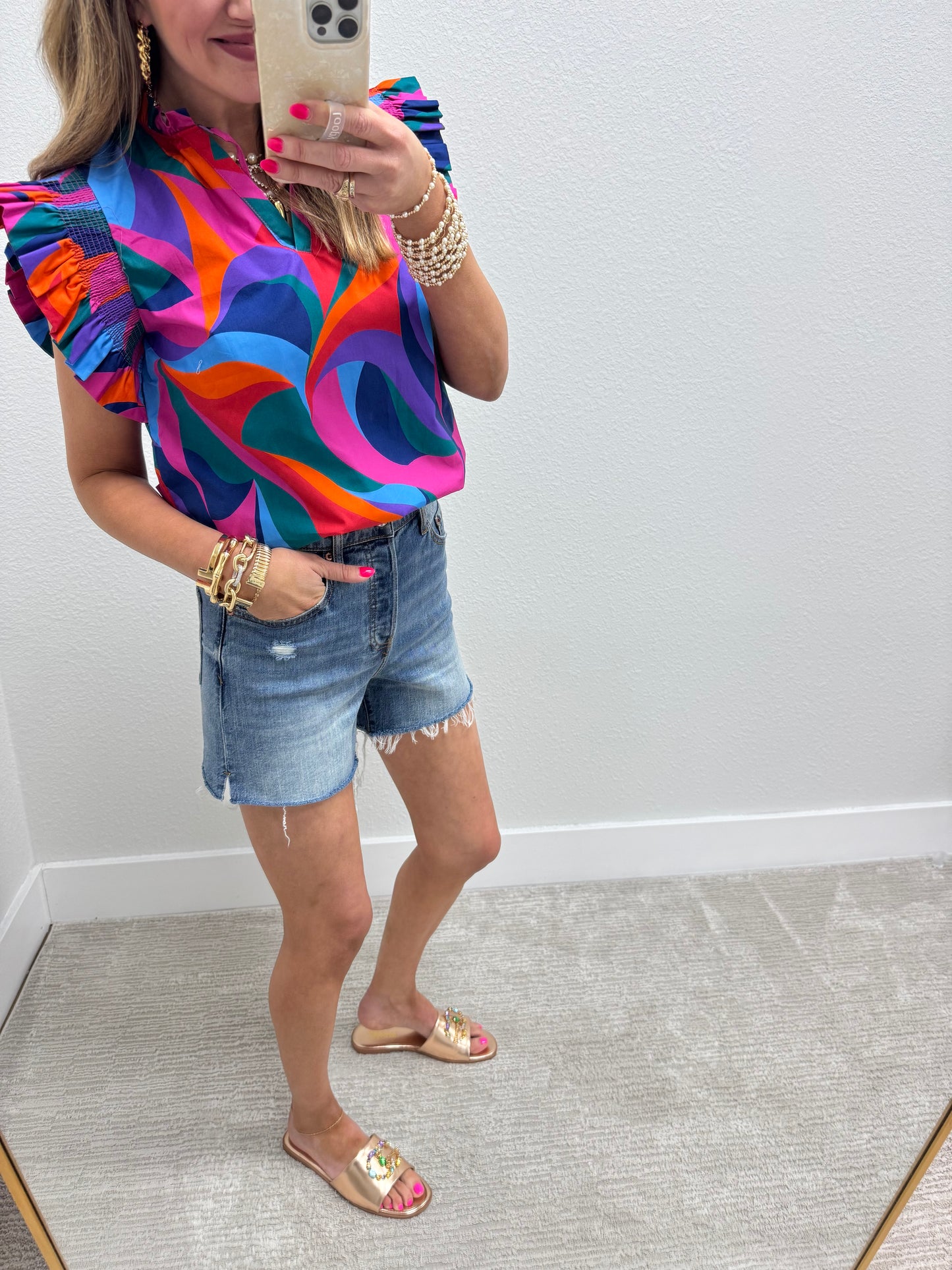 Blue and Color Geometric Print Ruffle Shirt