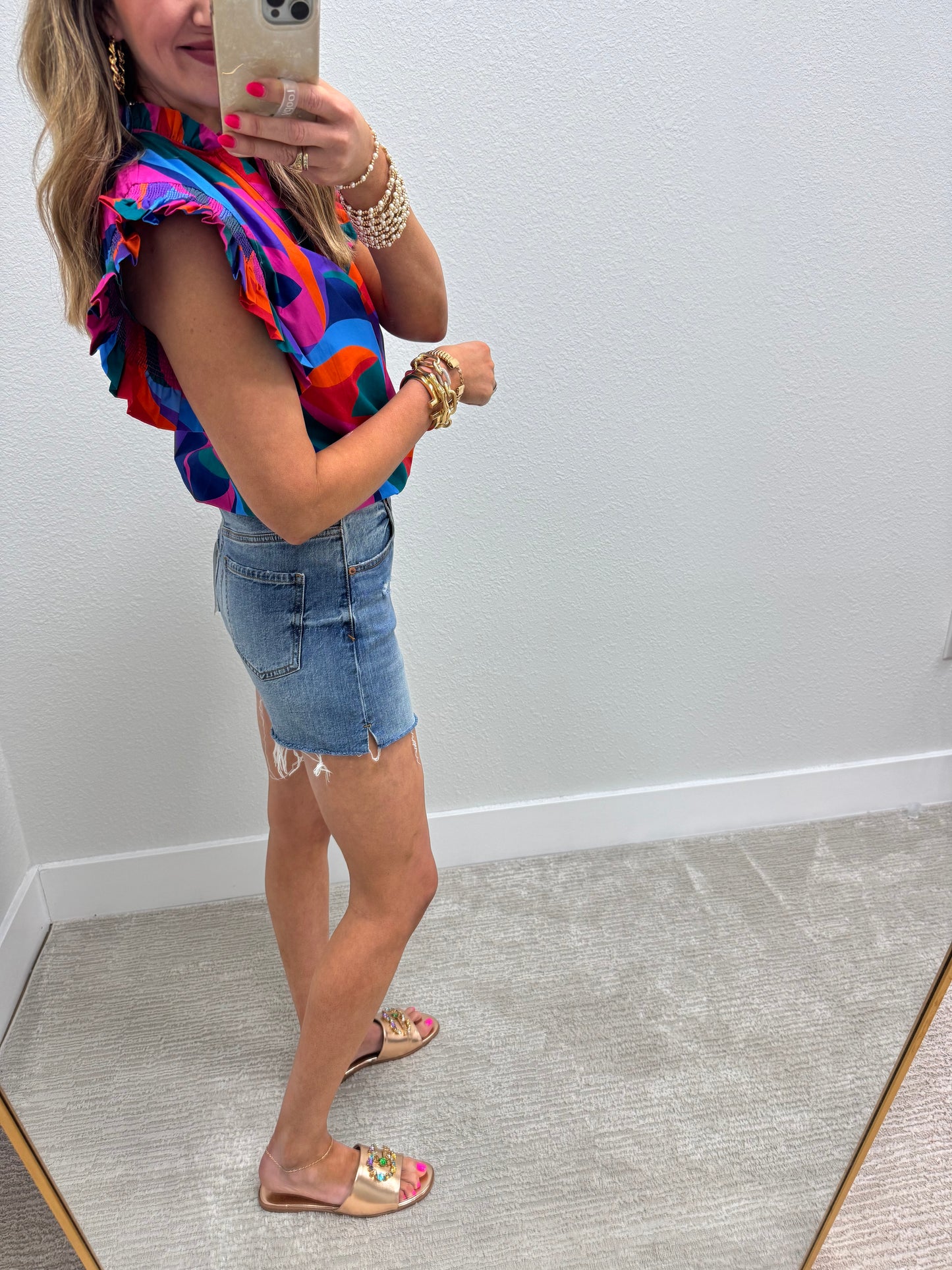 Blue and Color Geometric Print Ruffle Shirt