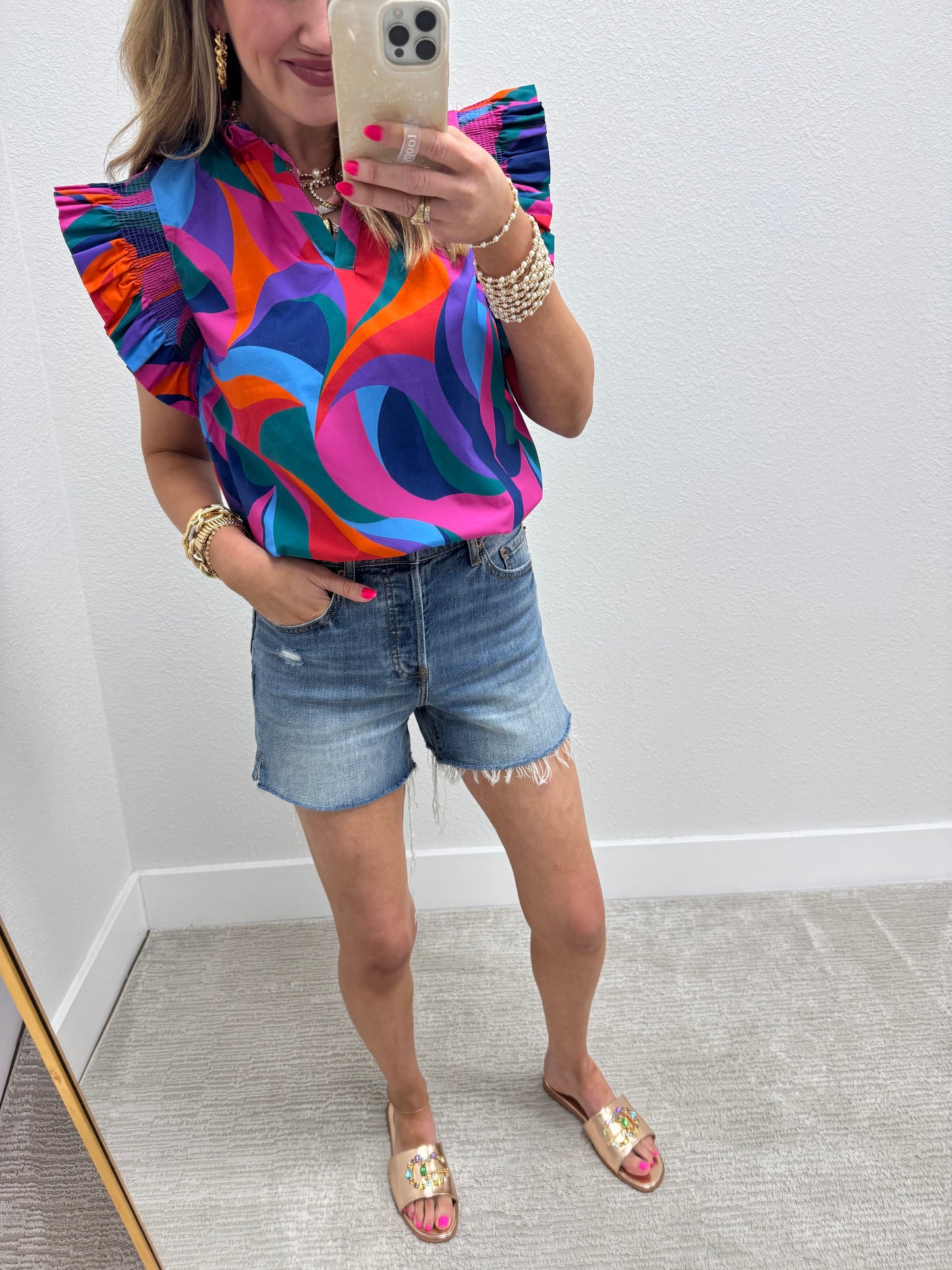 Blue and Color Geometric Print Ruffle Shirt
