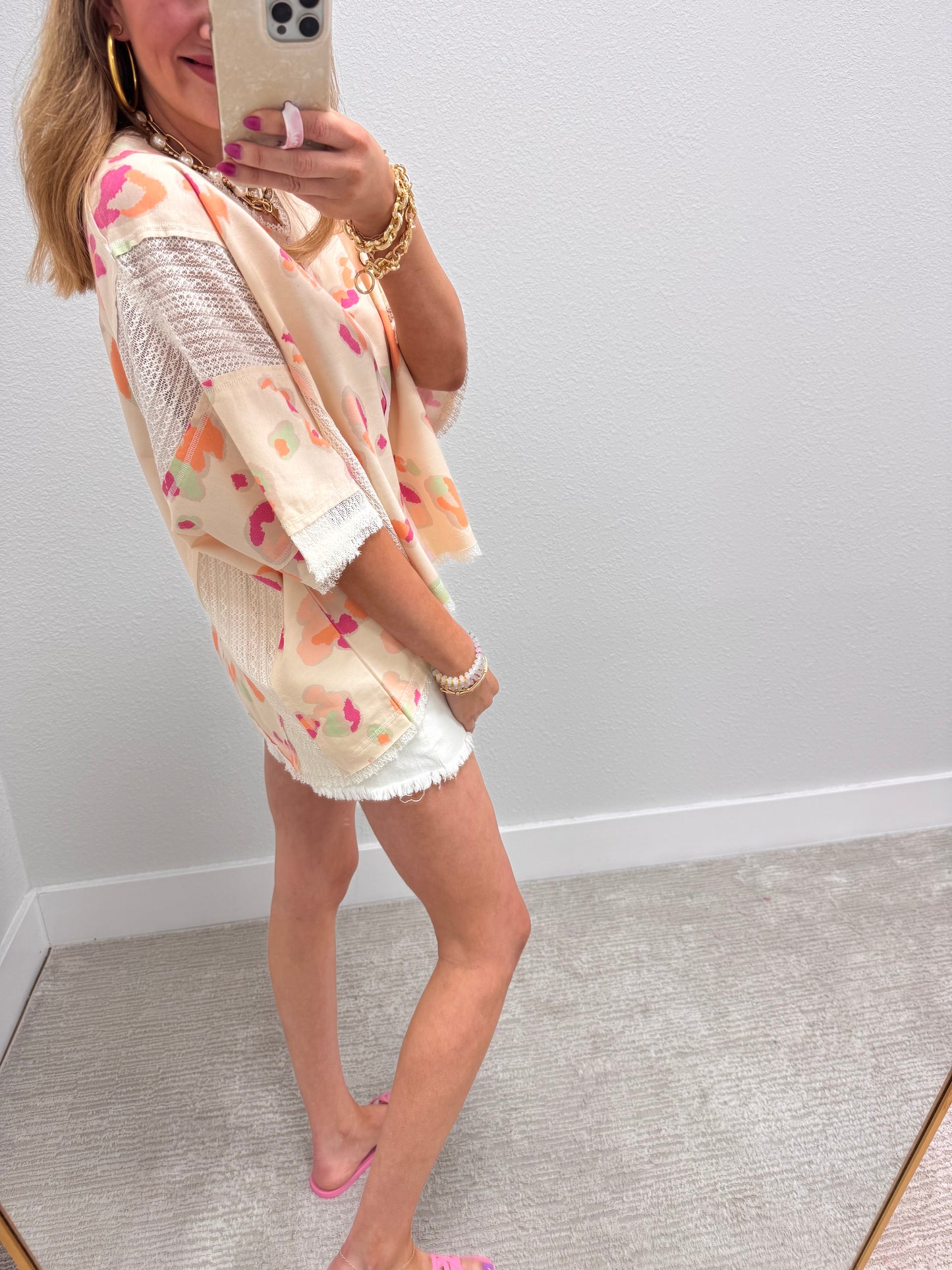 Cream Leopard Top with Crochet Lace Detail