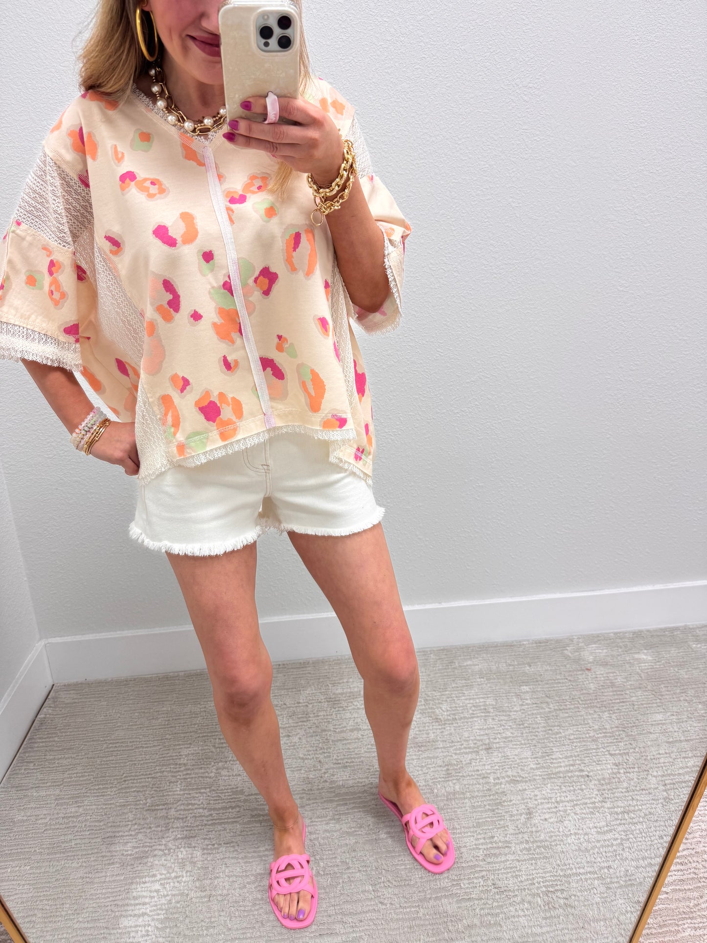 Cream Leopard Top with Crochet Lace Detail