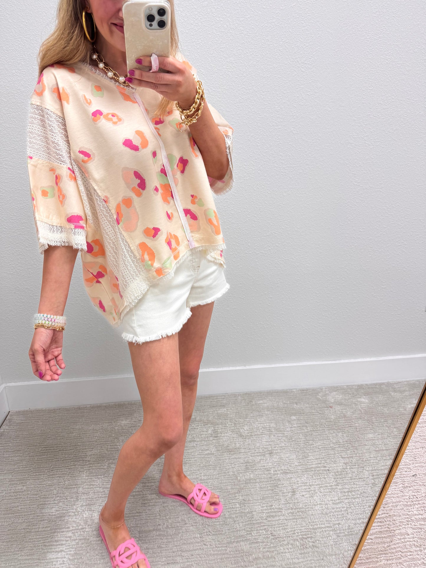 Cream Leopard Top with Crochet Lace Detail