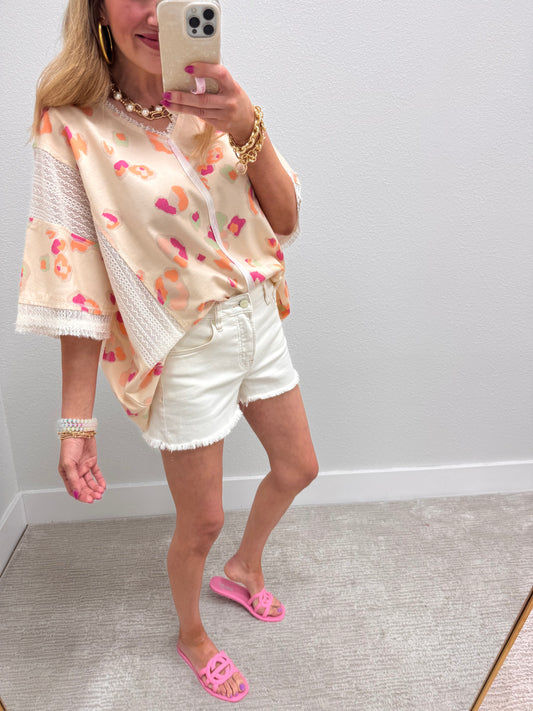 Cream Leopard Top with Crochet Lace Detail