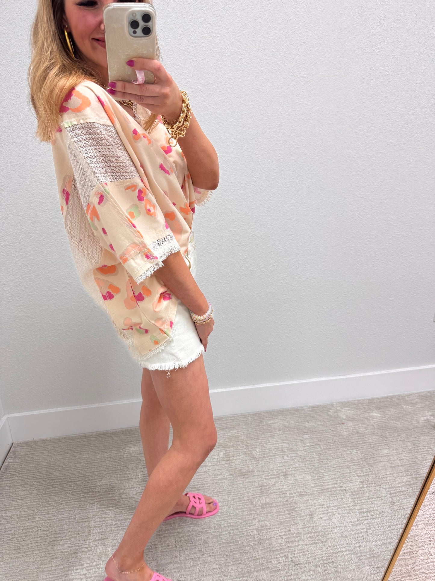 Cream Leopard Top with Crochet Lace Detail