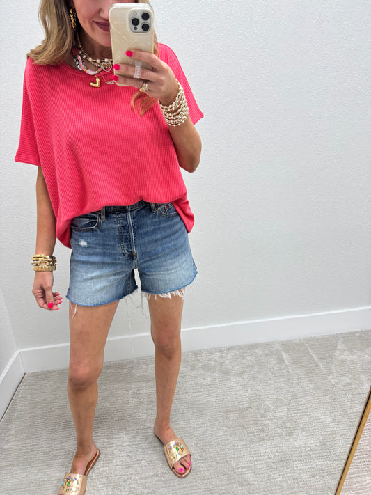 Coral High Low Short Sleeve Knit Top