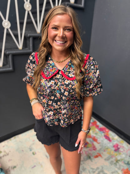 Black Frill Wide Collar Button Down Floral Top