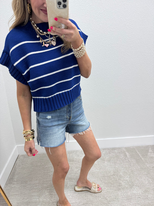 Blue and White Striped Mock Neck Sweater Top