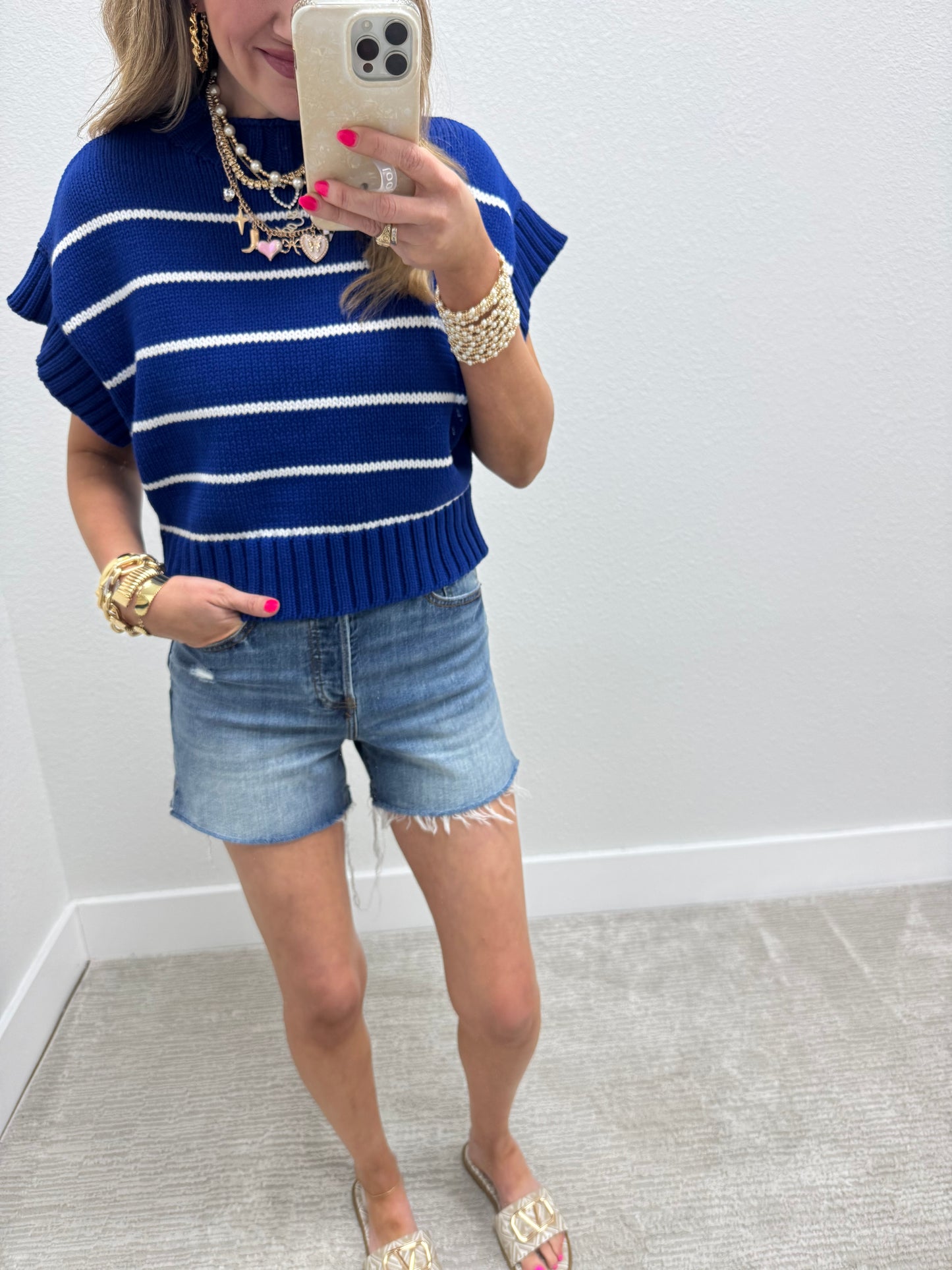 Blue and White Striped Mock Neck Sweater Top