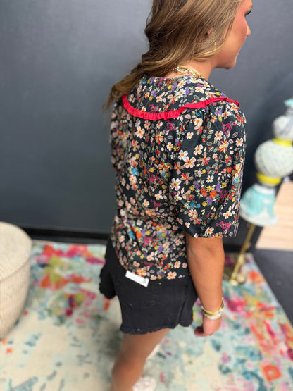Black Frill Wide Collar Button Down Floral Top
