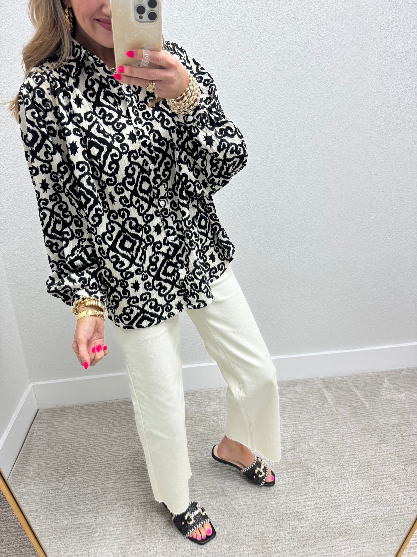 Black and Cream Oversized Button Down Shirt with Geometric Print