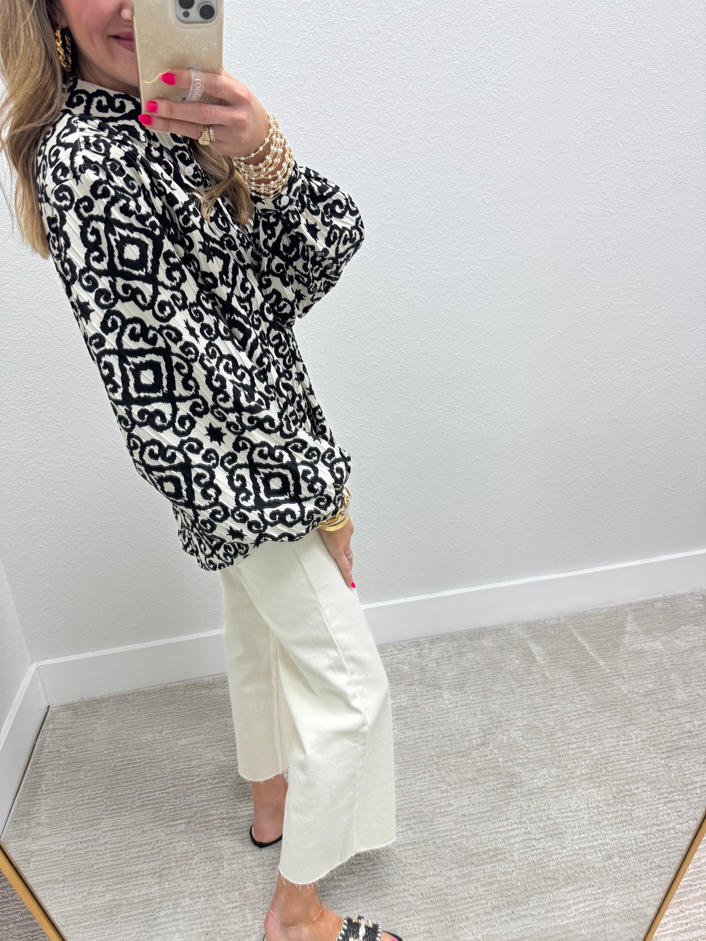 Black and Cream Oversized Button Down Shirt with Geometric Print