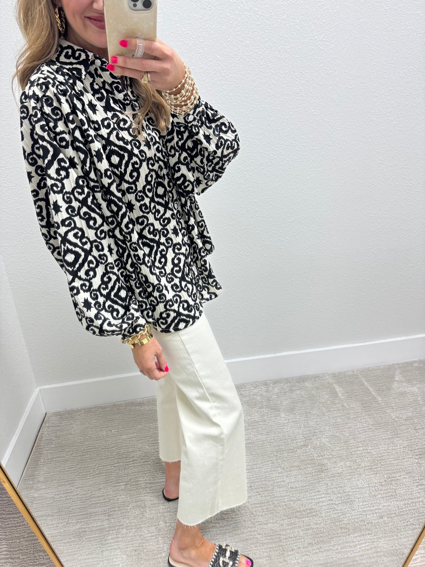 Black and Cream Oversized Button Down Shirt with Geometric Print