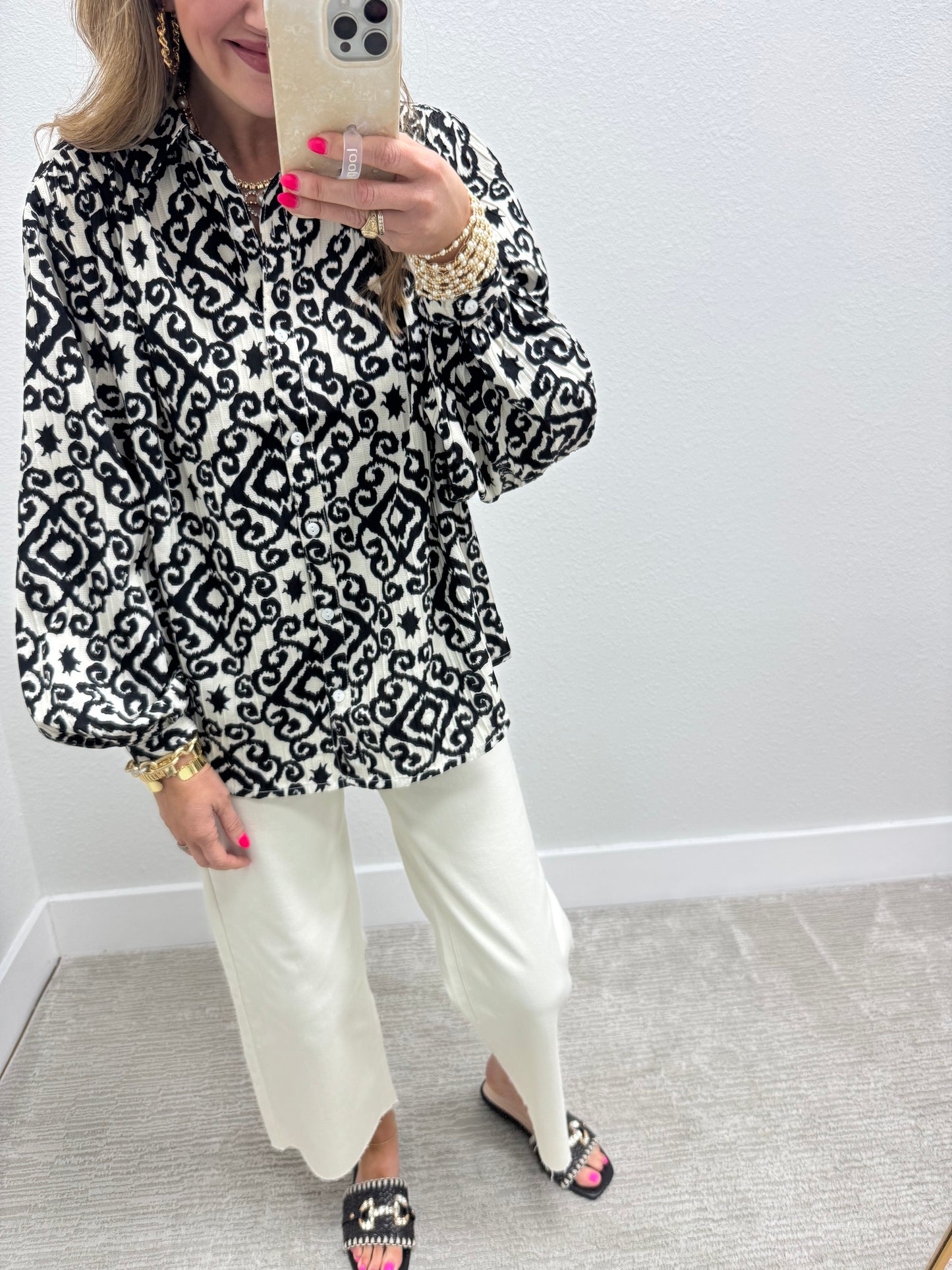 Black and Cream Oversized Button Down Shirt with Geometric Print