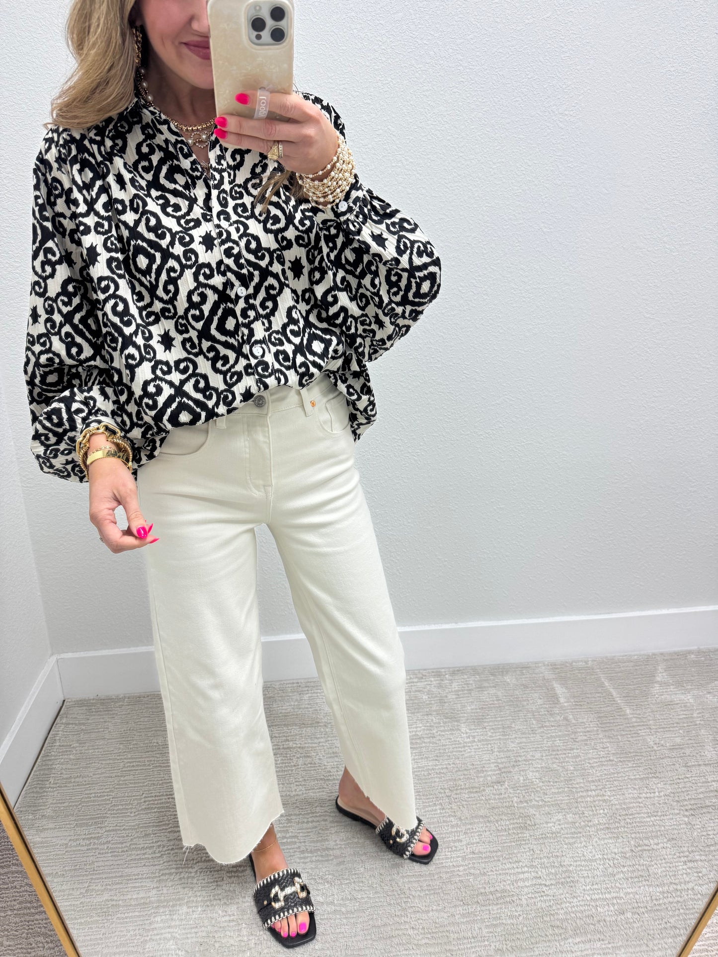 Black and Cream Oversized Button Down Shirt with Geometric Print