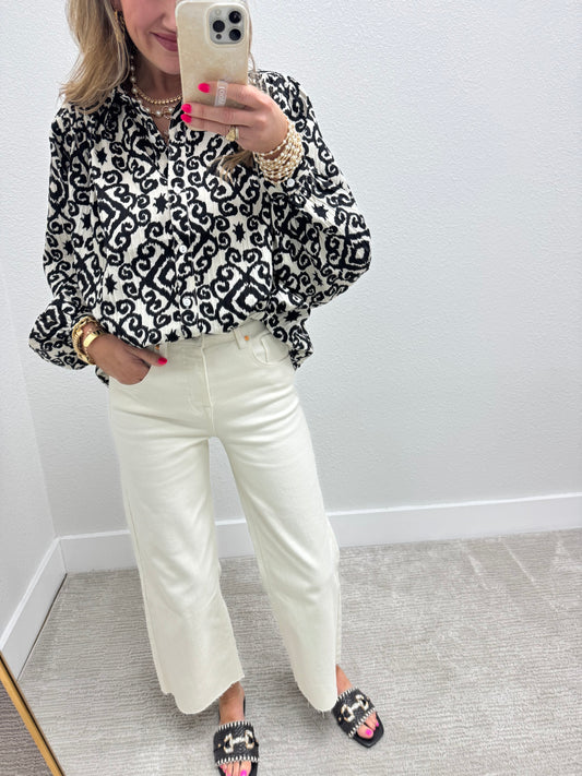 Black and Cream Oversized Button Down Shirt with Geometric Print